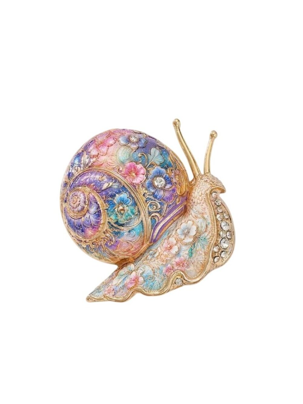 Multicolored Enamel Snail Brooch With Crystals & Floral Design Gold-Tone